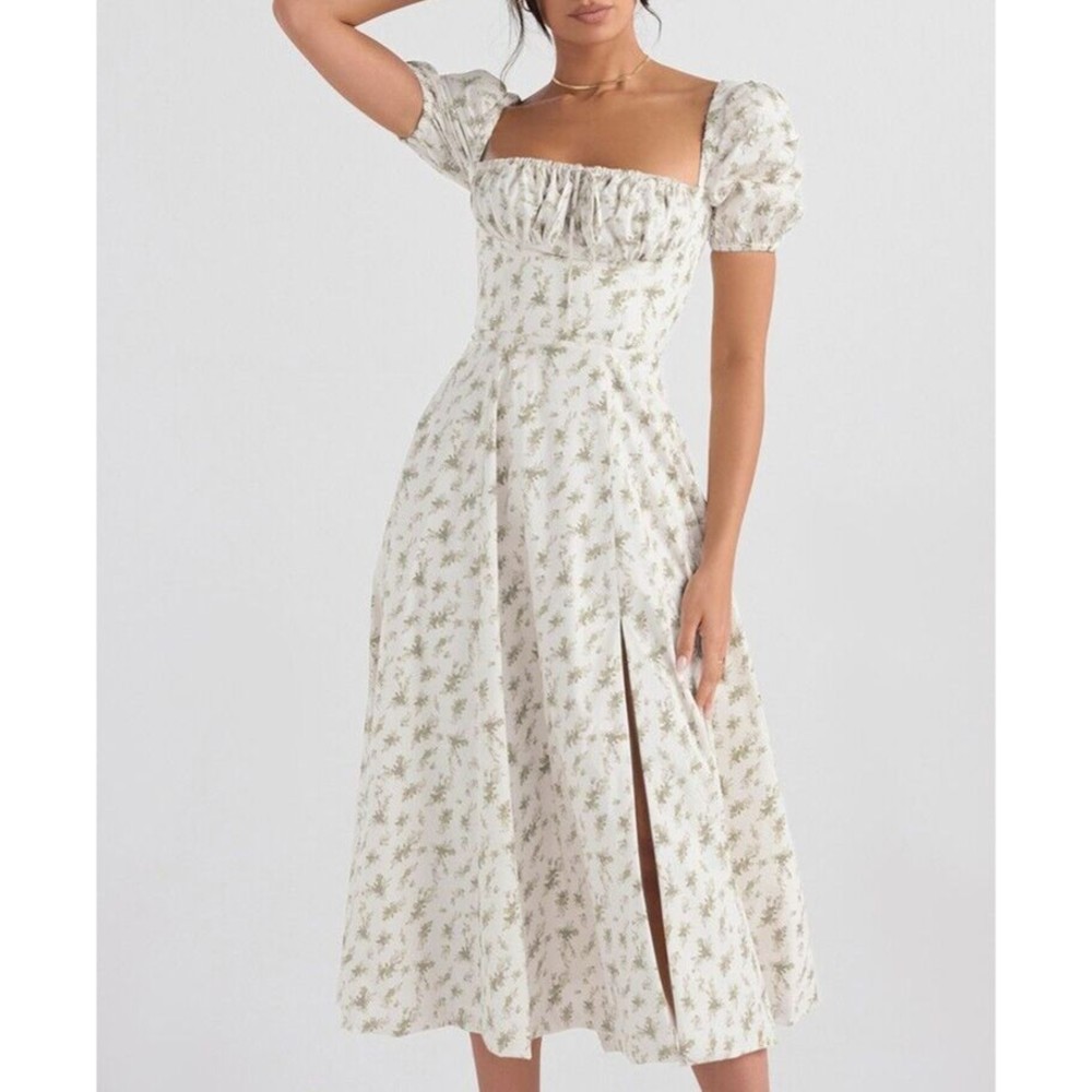 House of CB Cream Floral Midi Dress with Green Print